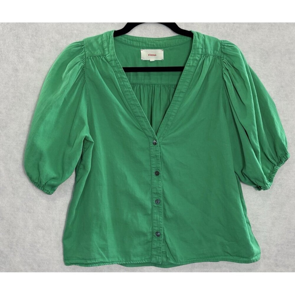 XIRENA Women Sydell Top Pullover Button Front‎ Puff Sleeves Sz S Green 46-17